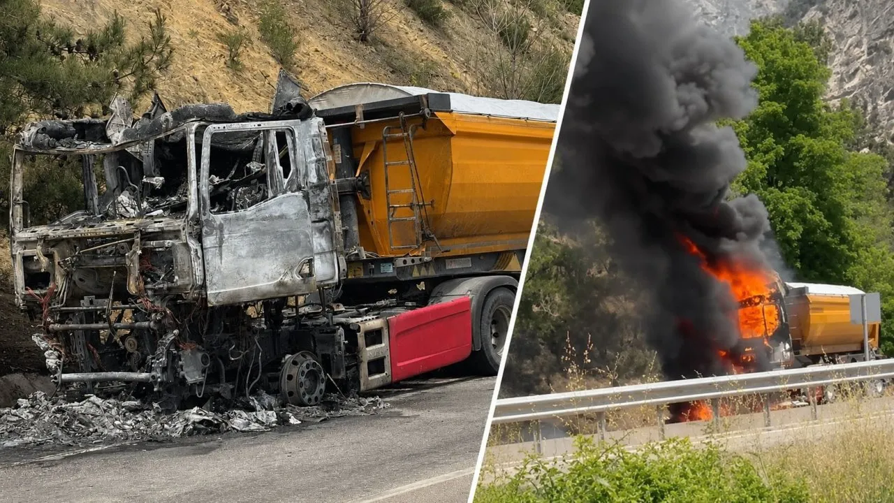 CAM MADENİ YÜKLÜ TIR ALEVLERE TESLİM OLDU